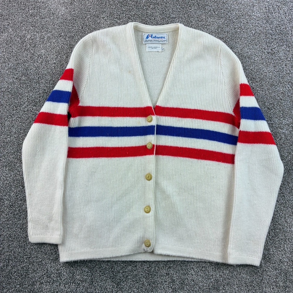 Vintage Polaris Cardigan Sweater Mens Large White Acrylic Striped V-Neck Knit